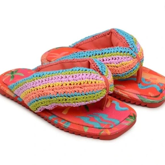 Farm Rio Puffy Crochet Flip Flops Vegan Sandals - Picture 1 of 7